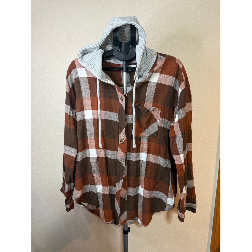 Maurices Plaid Hooded Flannel Shirt Brown Rust White Waffle Knit Hood Large